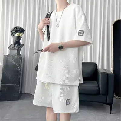 Men's White Waffle Short Sleeve Sports Suit Top Pants Set