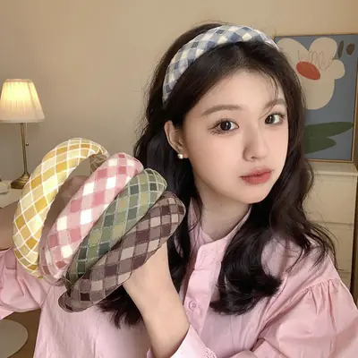 2023 New Summer High-grade Headband Women's Plaid Wide-brim Sponge