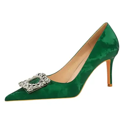 Black Pointed Heel Women's Shoes with Rhinestone Bow