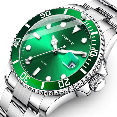 Men's Green Luminous Quartz Watch with Stainless Steel Strap