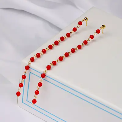Extended Tassel Earline Pure Natural Green Jade 14K Gold Red Jade 4mm