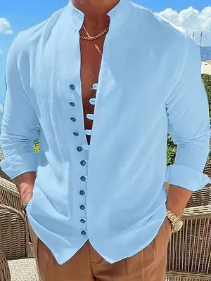 2023 Linen Button Shirt Light Blue Summer Casual