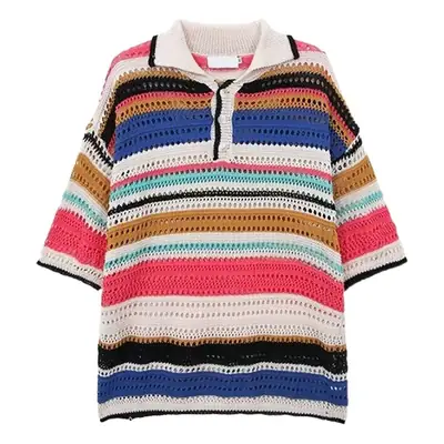 American Style Striped Hollow Short Sleeve Shirt Men Women Summer