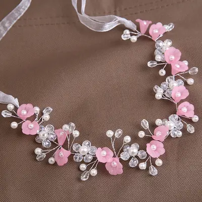 Pink Floral Bridal Hairband with Beads