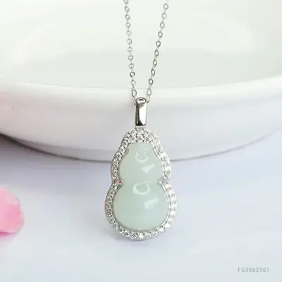 Guan Yu Gourd Pendant with Silver Inlay & Jade Necklace