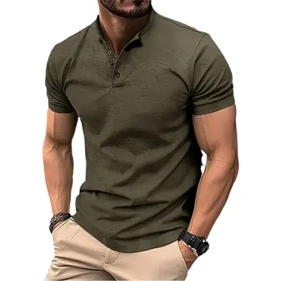 Men Button Down Henley T-Shirt Beige Summer