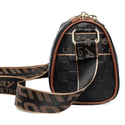 2025 Black Plaid Soft Leather Shoulder Bag with Wide Strap