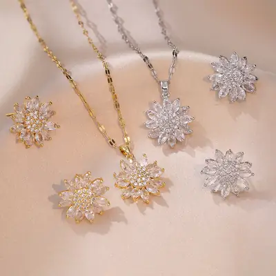 Necklace Set Sunflower Zircon Gold Titanium Celestial Fashion