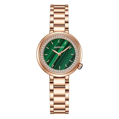 Diamond Encrusted Ladies Quartz Watch Green Dial Black Band