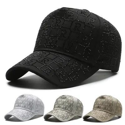 Black Korean Style Rhinestone Letter R Cap for Women