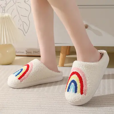New Comfortable Home Cute Cartoon Rainbow Winter Cotton Slippers for Men and Women Couple Thick Bottom Warm Cotton Slippers