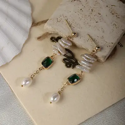 Vintage Baroque Pearl Emerald Drop Earrings Gold Plated