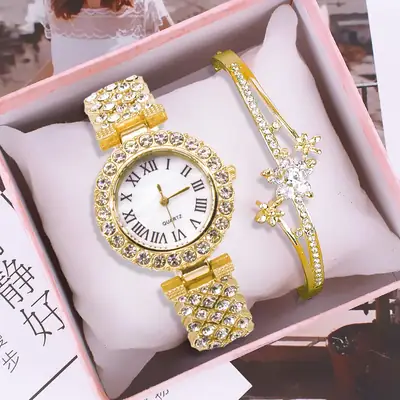 Women's Rose Gold Diamond Watch Set with Bracelet