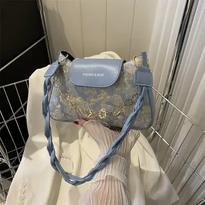 Blue Embroidered Textured Shoulder Bag for Women