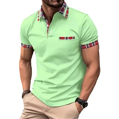 Men's Light Blue Henry Collar Polo Shirt with Plaid Sleeves