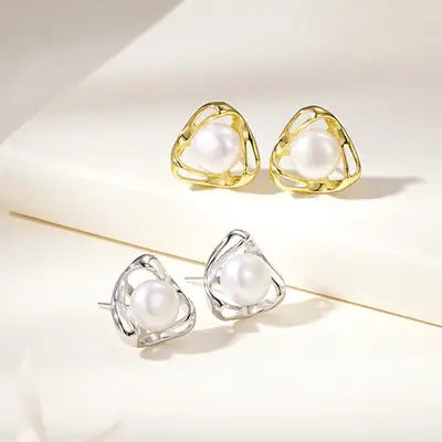 Korean Fashion Pearl Earrings Gold White Triangle Design