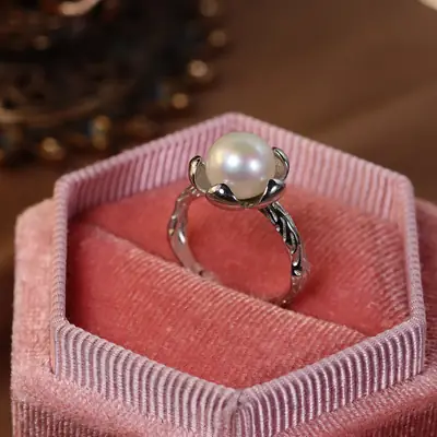 Flower Bud pearl ring natural fresh water opening adjustable S925 sterling silver retro ring wholesale