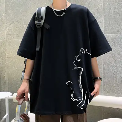 100 Cotton Cat Print T-Shirt Blue Loose Fit