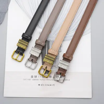 Women Brown Leather Belt with Crystal Buckle