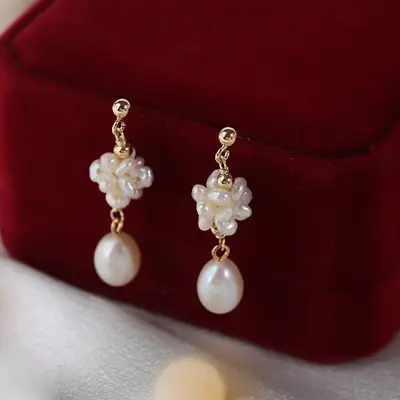 French Retro Pearl Earrings Gold Plated 925 Silver