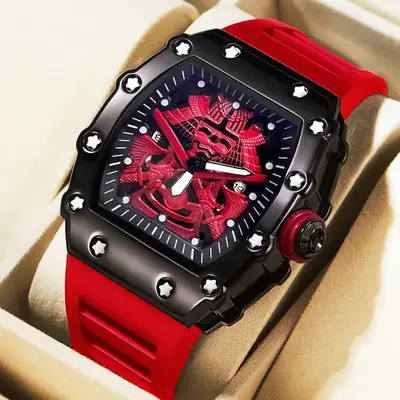 Men's Red Barrel Watch with Skeleton Design