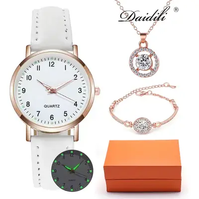 Women's Quartz Watch & Necklace Set Rose Gold Black Strap