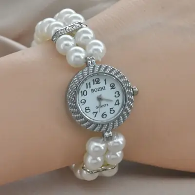 Women's Pearl Cross Bracelet Quartz Watch with Crystal Accents