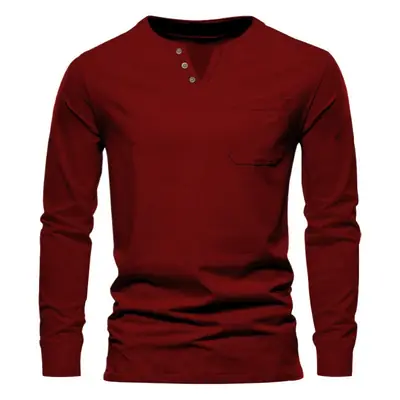 Men Blue Long Sleeve V-Neck T-Shirt with Button Front