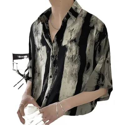 Men Ink Print Seven Point Sleeve Shirt Black White