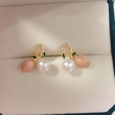 2023 Natural Freshwater Pearl Earrings 18K Gold Pink Tulip Sweet Earrings