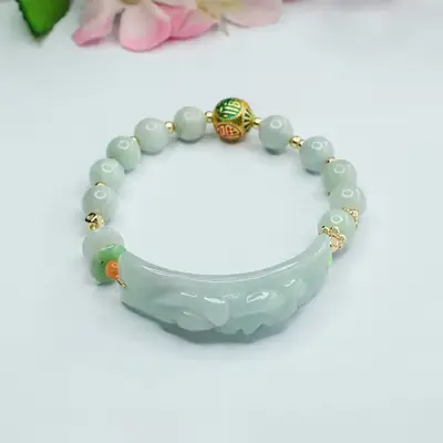 Guan Yu Jade Bracelet with Pixiu Pendant & Enamel Beads