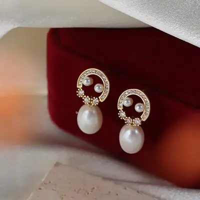 French Vintage Pearl Earrings Copper Gold Plated 925 Silver