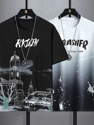 Men's Black Graphic T-Shirt with Tower Design Large