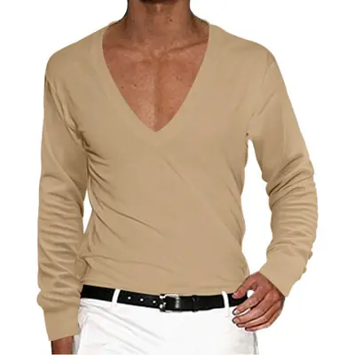 Men Blue V-Neck Long Sleeve T-Shirt Large