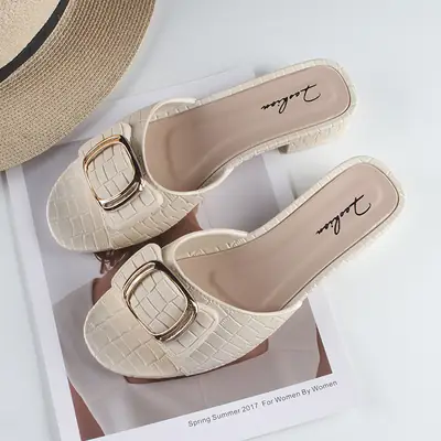 Women's Square Buckle Flat Heel Slippers Summer