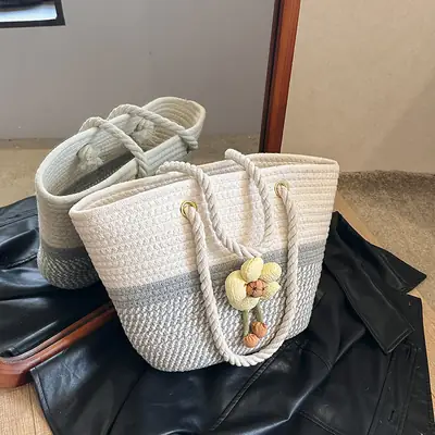 Women Woven Shoulder Bag Summer 2026 Beige Floral