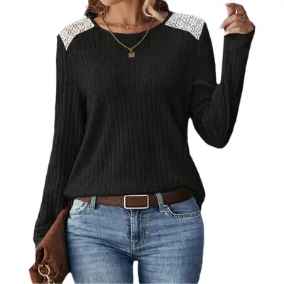 2026 Women's Long Sleeve Ribbed Top with Lace Trim
