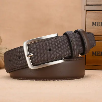 Men's Embossed Belt with Silver Buckle Brown PU Leather
