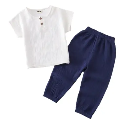 Children Cotton Linen Trouser Set White Button Short Sleeve Ethnic