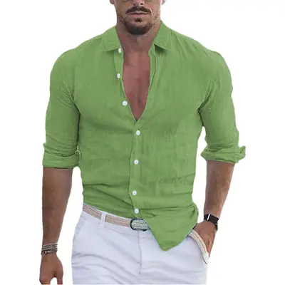 Men Navy Blue Long Sleeve Lapel Shirt Solid Color