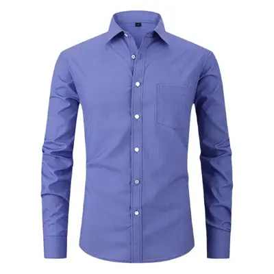 Men's Blue Plaid Button-Up Shirt Solid Color