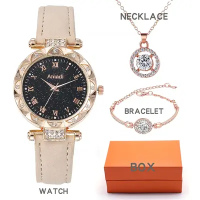 Amati Quartz Watch Set for Women with Necklace & Bracelet