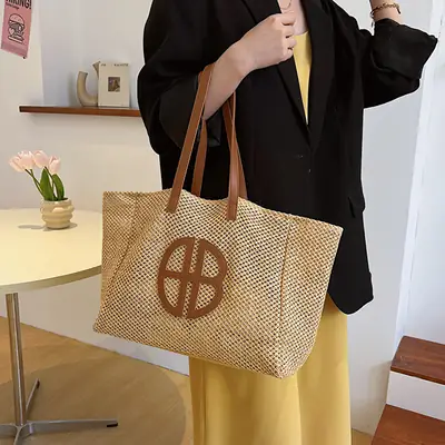 Women's Straw Tote Bag with Logo, 2025 Summer Casual Commuter