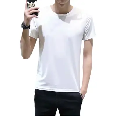 Men White Short Sleeve T-Shirt Round Neck Thin Elastic