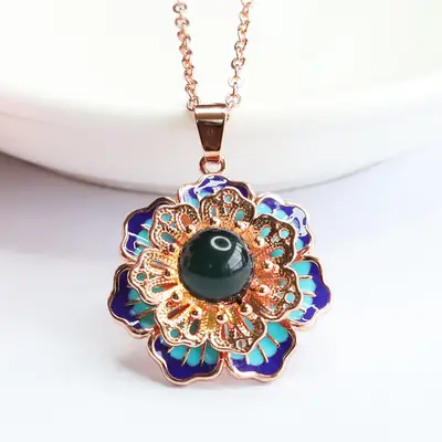 Guan Yu Lotus Necklace with Blue Amber Pendant