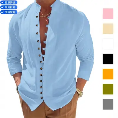 Men's 2026 Cross-Border Cotton Linen Shirt Brown Long Sleeve