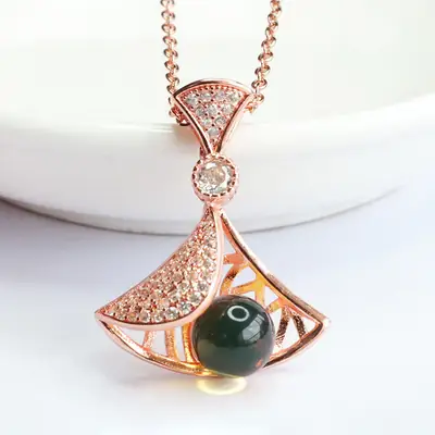 Guan Yu Fan Necklace with Blue Amber Pendant