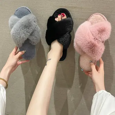 Amazon Slippers Winter Plush Cross Tape Cotton Indoor Warm Extra Large Fluffy Slippers Women's High and Low Big Rabbit Hair