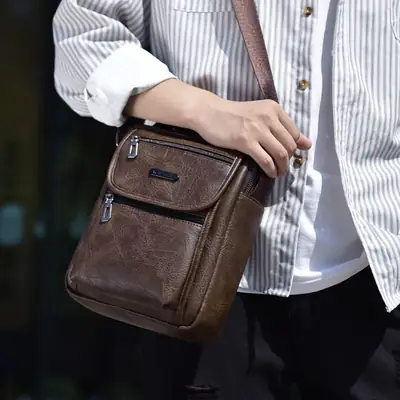 Men's Brown PU Leather Crossbody Bag with Detachable Strap