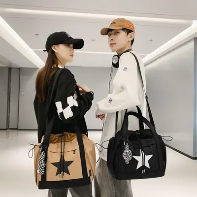 Star Print Drawstring Bag Black White Casual Crossbody 2024